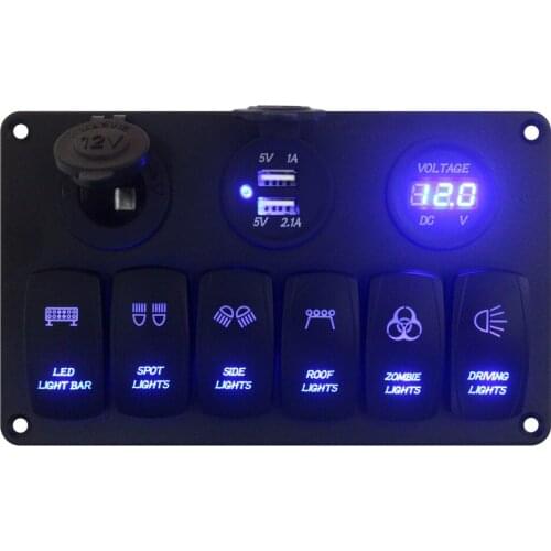 BANDC 12v/24v Blue Led 6 Gang Laser Carving Rocker Switch Panel & Power outlet socket/USB Charger Socket/Volt Gauge meter