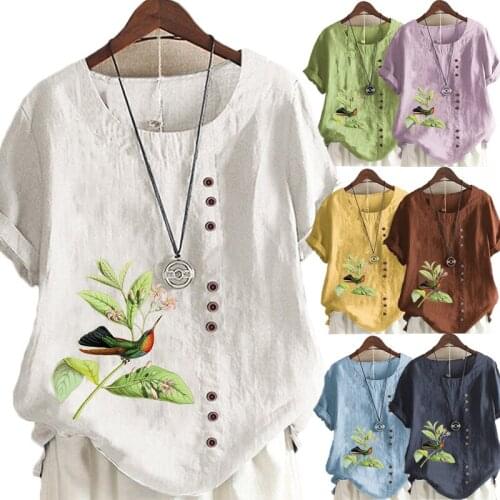 Womens New Fashion O-neck Flowers Printed Short Sleeve Tops Loose Linen T-Shirt Casual Blouse S-5XL