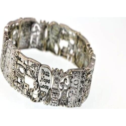 Ins Vintage Engraved Flower Faith Love Hope Letters Elastic Bracelets Bohemia Women Party Hiphop Rock Bohemia Religious Jewelry