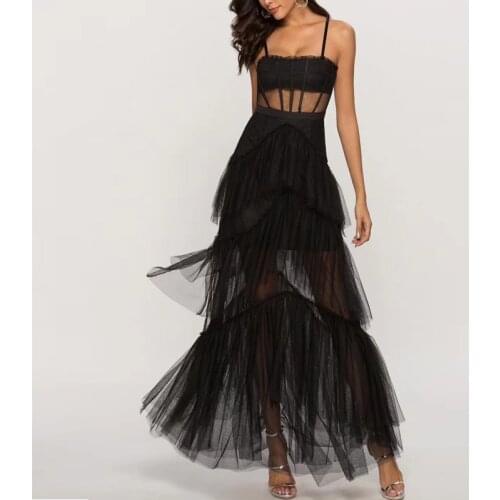 Spaghetti Strap women black dress sexy women pink dress layered dress women party long dress
