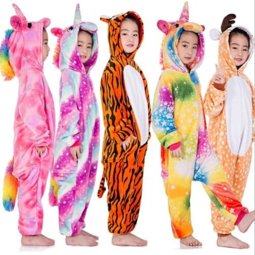 Kids Panda Kigurumi Animal Unicorn Onesie Flannel Pajamas Boys Girls Winter Cosplay Party Children Jumpsuit Sleepwear Pijama