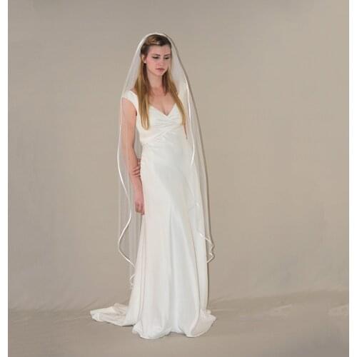 Waltz length veil with satin trim White ivory champagne one layer bridal veils with comb tulle Vail for Bride