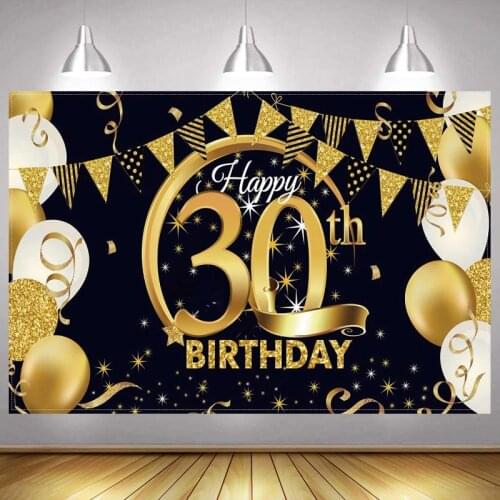 30th Photo Backdrop Black Gold Happy Birthday Party Balloon Champagne Decoration Men Lady Photography Backgrounds Banner