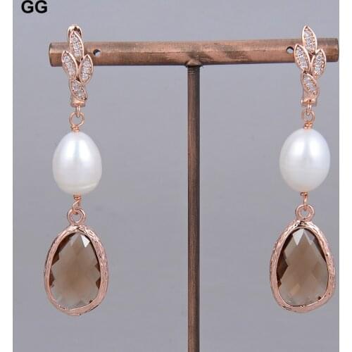 GuaiGuai Jewelry Natural White Rice Pearl Crystal Rose Gold Color Plated CZ Flower Earrings Cute For Women