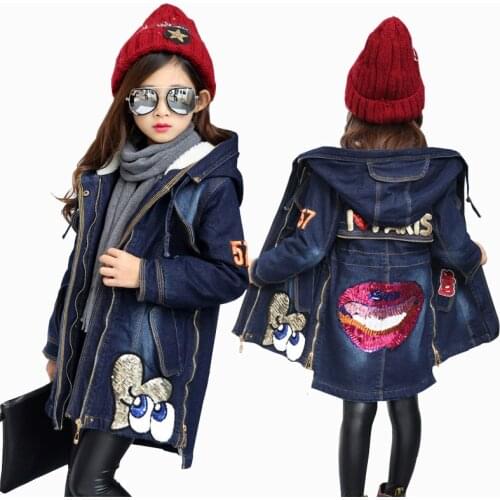 2020 New Winter Kids Girls Denim Jacket Children Plus Thick Velvet Jacket Big Virgin Warm Coat Cotton Hooded Outwear For Girl