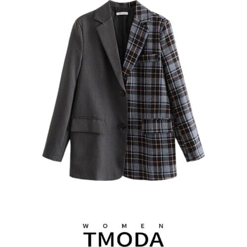 TMODA781 Za Fashion Single Breasted Patchwork Plaid Blazer Long Sleeve Slim Fit Office Ladies Blazer 2021 Autumn Women Jacket