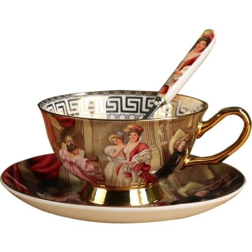 Royal European Bone China Coffee Cup Set English Afternoon Cup Set Vintage Figure Painting Coffee Cups And Saucers Wedding Gift