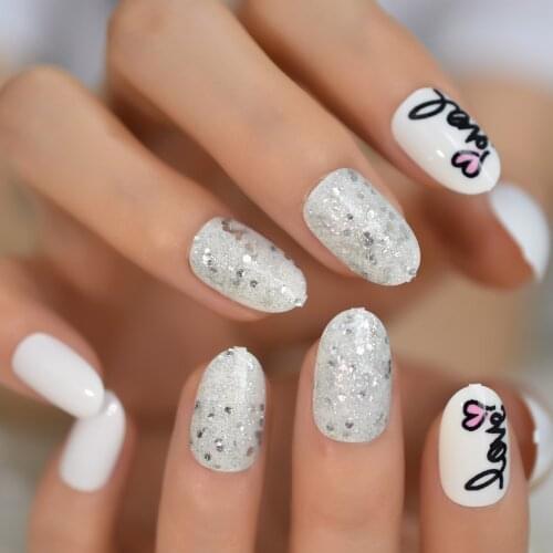 Bling Glitter Pink Love Pattern Press on False Nails Short Round Fake Fingersnails Easy Wear Apply 24pcs/set With Glue Sticker