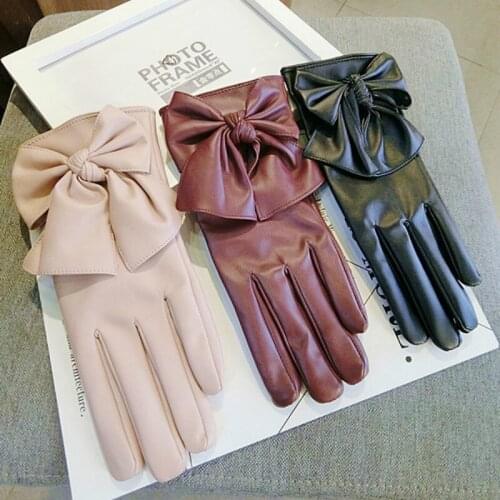 New five-finger PU Korean ladies bow warm women fashion autumn winter spring black pink wine red gloves mittens