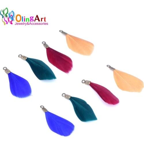 OlingArt Natural feathers Multicolor 25MM 10pcs/lot bronze Metal clips DIY necklace earring Jewelry Making Straps Pendants