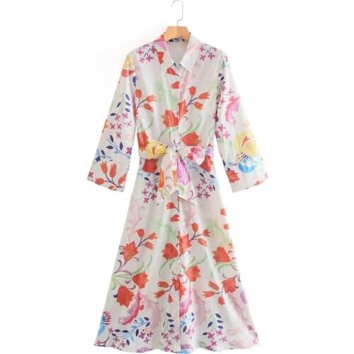 Dress Women Floral Print Sashes Long Sleeve Button Fashion Midi Dress Spring Casual Chic Office Lady Vestidos Mujer 2021 New