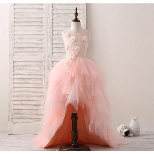 Pink Lace Applique High Low Flower Girl Dress For Weddings Tulle Appliques First Communion Party Dresses Floor Length Custom