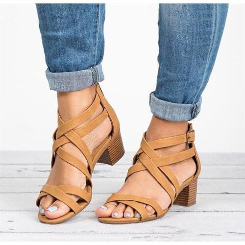 Women Sandals Summer PU Leather Strap Thick Heeled Shoes Mid Chunky Heels Back Zip Closed Big Size
