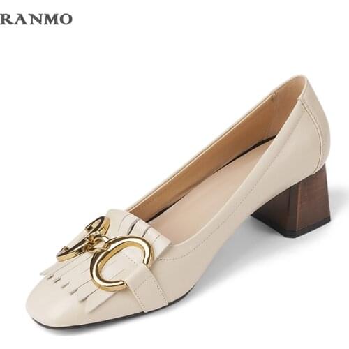 Womens shoes French fringed high heels Genuine leather shoes Metal decoration Office everyday shoes Fashion elegant shoes heels