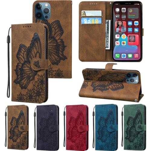 Vintage Phone Case for iPhone 12 11 Pro Max SE 2020 XR Xs 6 7 8 Plus Matte Etui 3D Emboss Butterfly Wallet Card Slot Phone Cover