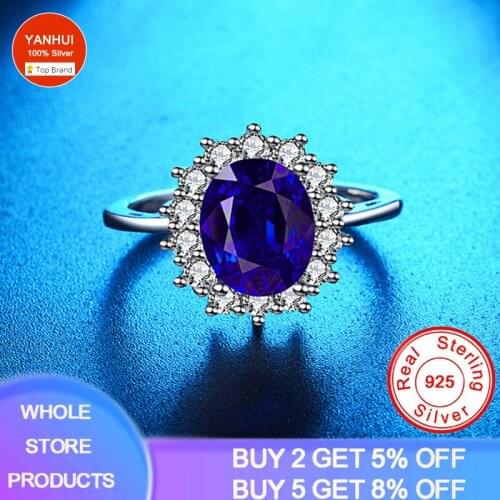 YANHUI Luxury Blue Zirconia Gemstone Ring Lab Sapphire Ring Silver 925 Jewelry Aquamarine Rings For Women Engagement Rings Gift