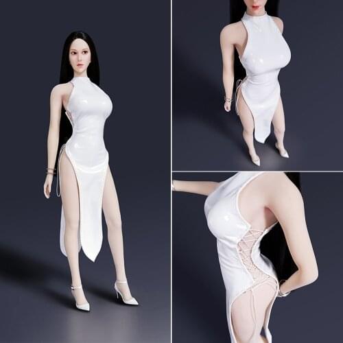 1/6 Scale Sexy Female Leather Bandage Dress Cheongsam Long Skirt Set For 12" Girl Large Bust Seamless Body