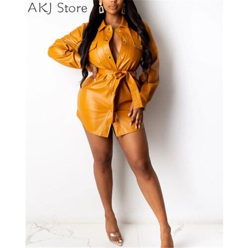 PU Leather Long Sleeve Single Breasted A-Line Dress With Sashes