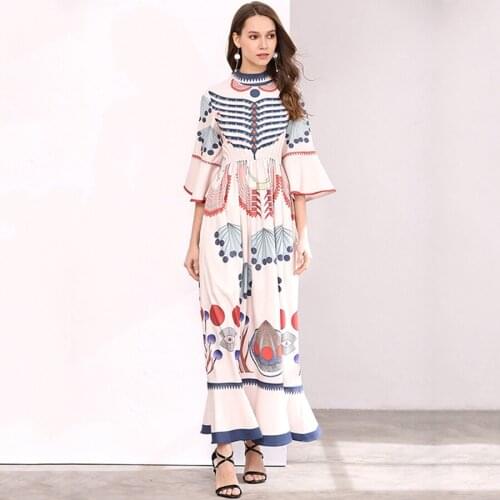 VERDEJULIAY Runway Dresses Women Autumn 2020 Runway Flare Sleeve Vintage Printed oversized Dress Elegant Maxi Loose Long Dress
