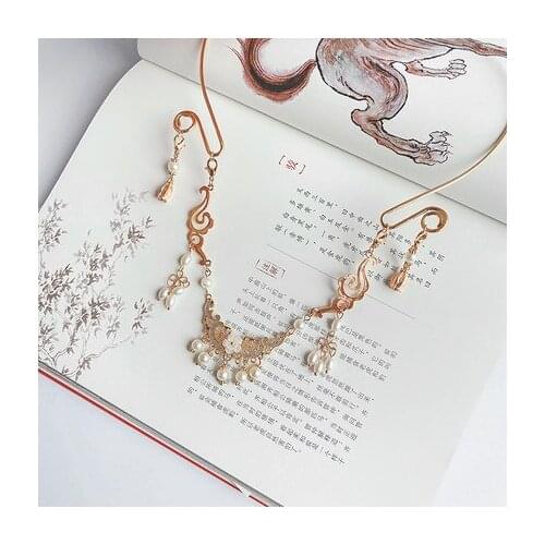 Womens Pearl Necklace with Tassel Pendant Elegant Hanfu Accessories Charm Jewelry Necklace for Wedding Party HSJ88