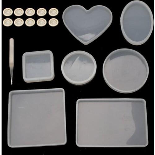 18Pcs Coaster Silicone Resin Mold Round Square Rectangle Heart Oval Molds Kit