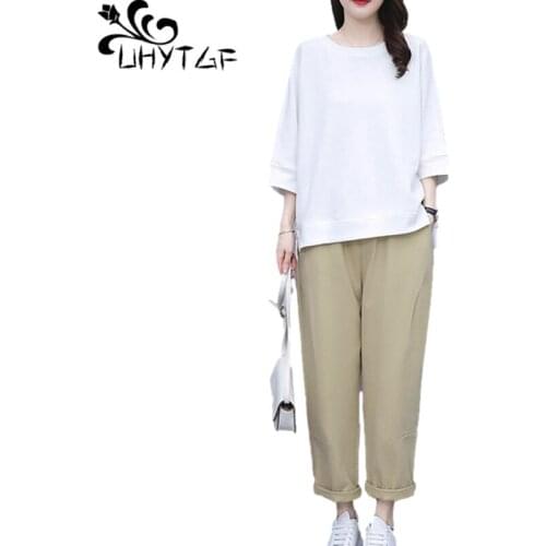 UHYTGF Elegant Womens Suit Fashion O Neck T-Shirt Casual Spring Summer Two-Piece Set Female Tops+Pants Plus Size Tracksuit 2051