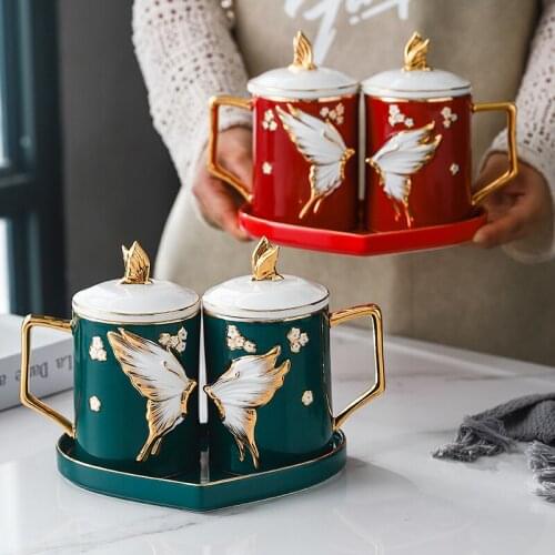 Art Ceramic Green Phnom Penh Couple Mug with Lid Spoon High-end Three-dimensional Butterfly Breakfast Cup with Tray Wedding Gift