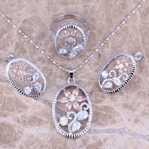 Jolly Champagne Morganite White CZ Silver Plated Jewelry Sets Earrings Pendant Ring Size 6 / 7 / 8 / 9 / 10 S0175