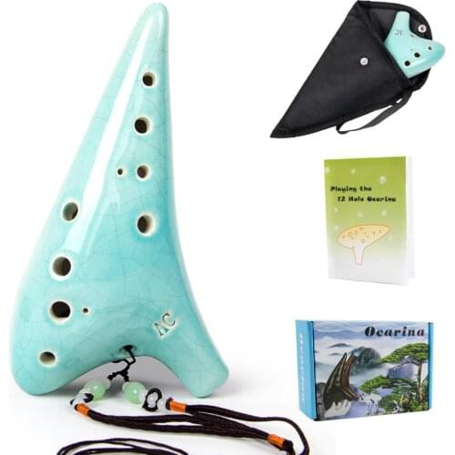 Ceramic Ocarina 12 Tones Alto C with Song Book Neck String Neck Cord Ice Crack Grain Light Blue