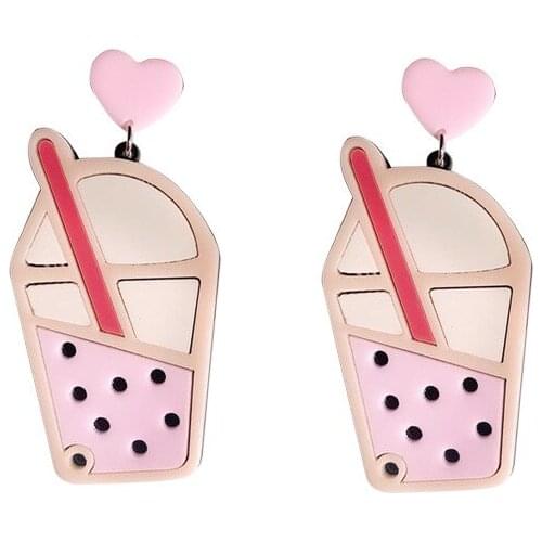 Creative Lovely Pink Bubble Tea Acrylic Earrings for Women Girls Fashion Peach Heart Simulation Drinking Drop Earrings Brincos