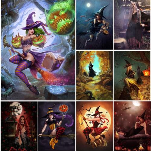 FIYO Square /Round Stones Diamond Mosaic Witch Full Diamond Embroidery Halloween With Cross Stitch Cartoon DecorHome Decoration