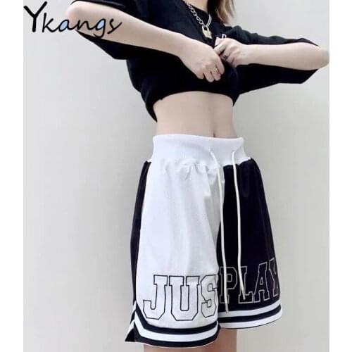 Summer Patchwork Korean Cycling Sports Baggy Basketball Shorts Female Harajuku High Waist Run Fitness Loose Biker Shorts Women