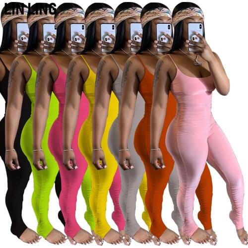 LINLING Summer Fashion Solid Color Suspender Bodycon Hip Lift High Waist Pleated Jumpsuit Business Street Clothing