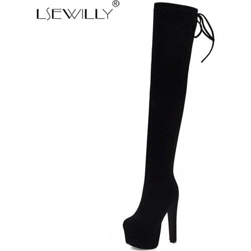 Lsewilly 2020 new over the knee boots women round toe thigh high stretch boots sexy super high heels platform women boots K186