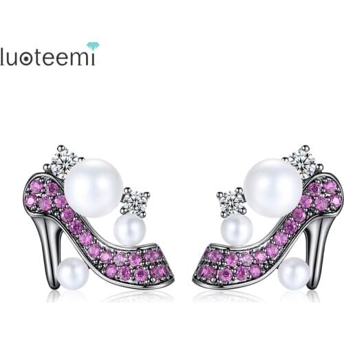 LUOTEEMI 1 Pair Luxury Fashion CZ Inlay High-Heeled Shoes Stud Earring For Women Created Pearl Lovely Gift Jewelry