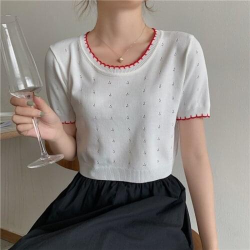 GGRIGHT Fashion Korean Slim Crop Tops Women Color Contrast Knitted T-shirts Short Sleeve Hollow T Shirt Female Tee Shirt Femme