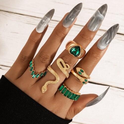 DIEZI Punk Green Stone Rhinestone Knuckle Joint Rings Set For Women Vintage Ancient Gold Color Snake Finger Rings Girls Jewelry