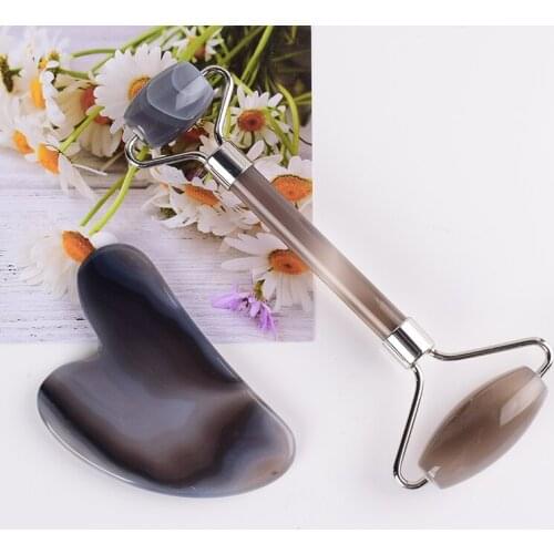 Massage Beauty Roller Set Natural Agate Face Gua Sha Tool Acupuncture SPA Neck Skin Detox Lift Firming Crystal Stone Massager