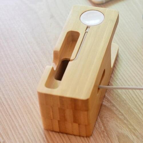 2in1 Real Bamboo Wood Desktop Stand Bracket Docking Holder for iPad Tablet Charging iPhone Charger for Apple Watch