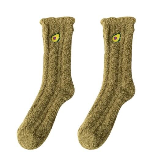 Japanese new embroidery Avocado fruit ladies thick warm coral velvet socks women