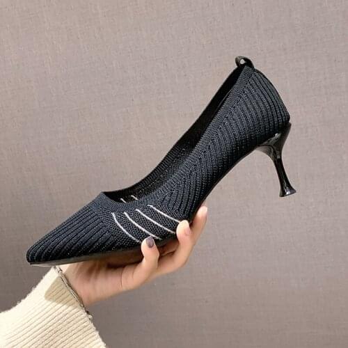 Thick High Heels Shoes Women Pumps Pointed Toe Work Shoes Slip On High Heels Spring Footwear Big Size Zapatillas Mujer U22-45