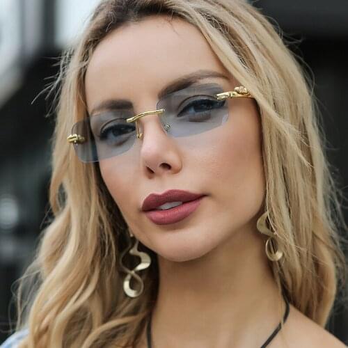 Trendy Rimless Square Sunglasses Brown Gradient Shades For Women Retro Small Rectangle Sun Glasses Female Summer Style Glasses