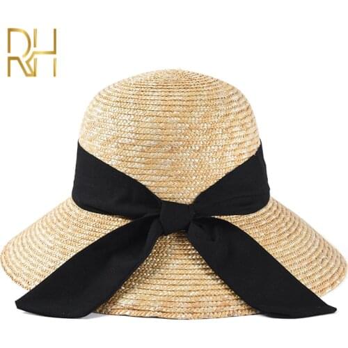 RH Natural Straw Bucket Wheat Visor Hat Travel Outdoor Women Summer Dome Beach Caps With Black Ribbon