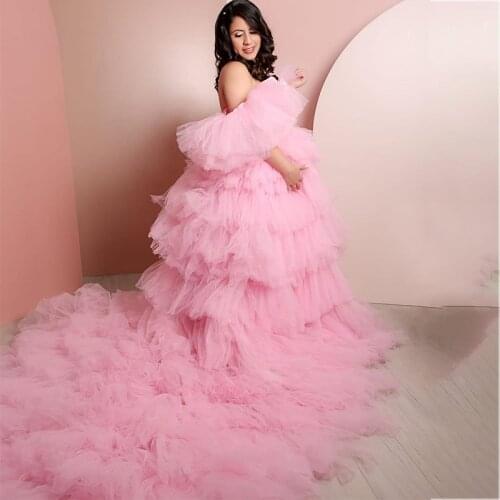 2021 Pink Maternity Gowns for Photography Tulle Tiered Skirts A Line Pregnancy Dress Babyshower Women Clothes Bridal Party Wear