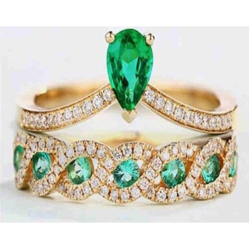 Luxury Fashion Gold 2pcs Rings for Women Exquisite Wedding Engagement Green Crystal Crown Ring Set Classic Ladies Jewelry Gift