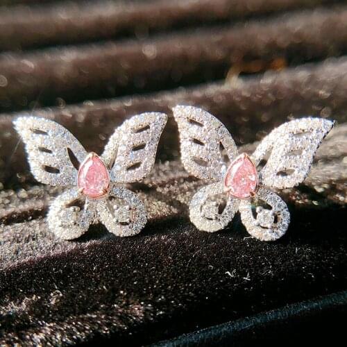 QTT Luxury Solid 925 Silver Stud Earrings Cute Pink Butterfly Crystal Earring Jewelry Wedding Accessories 2021 Trend