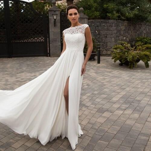A Line Chiffon Wedding Dress 2020 Scoop Cap Sleeve Lace Applique Side Slit Sexy Bridal Gown for Bride Backless Vestido Noiva