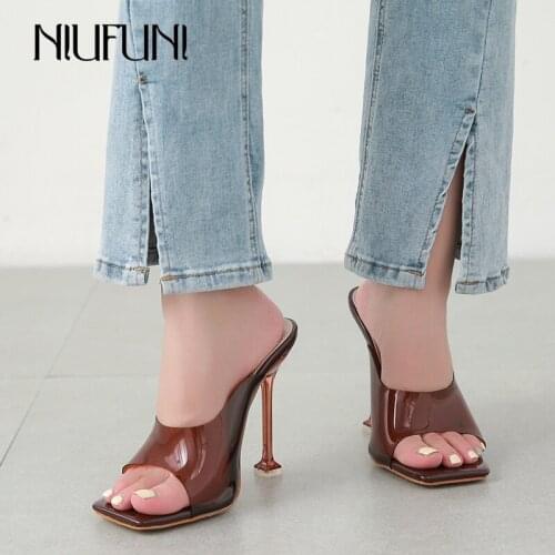 Stiletto High Heels Open Toe Womens Slippers Summer Square Toe Fashion Sandals Transparent PVC Slides Slip-On Sexy Dress Shoes