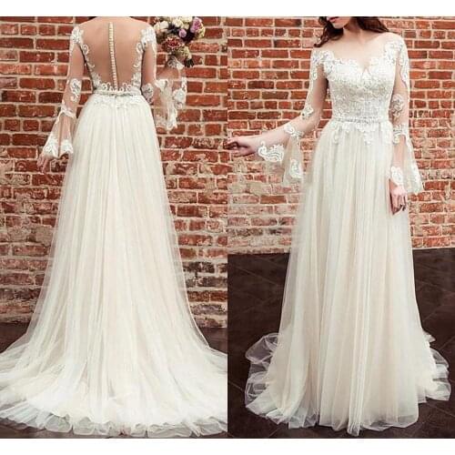 Vintage Beading Sheer Neck Appliques Long Flare Sleeves Wedding Dresses Elegant Buttons Back Bridal Gowns Abito Da Sposa 2021