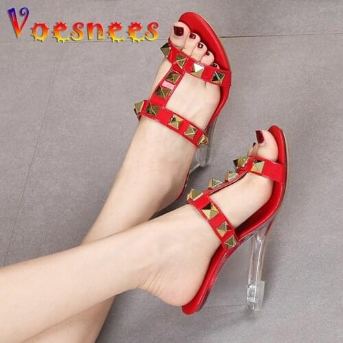 Voesnees Luxury Brand 8CM Women Slippers Thin Strap Rivet Transparent Wedges Sandal Candy Color Patent Leather Summer Heel Shoes